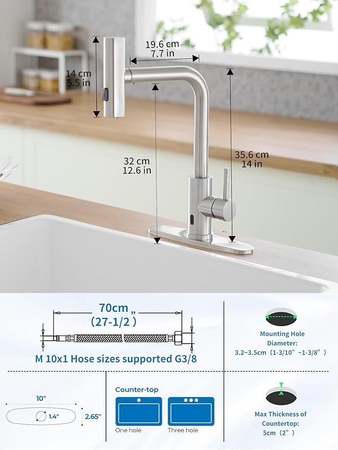 Touchless Kitchen Faucets with Pull Down Sprayer,Waterfall Kitchen Sink Faucet,Commercial Utility Stainless Steel Kitchen Faucets,Single Handle Kitchen Sink Faucet for 3 Function,Brushed