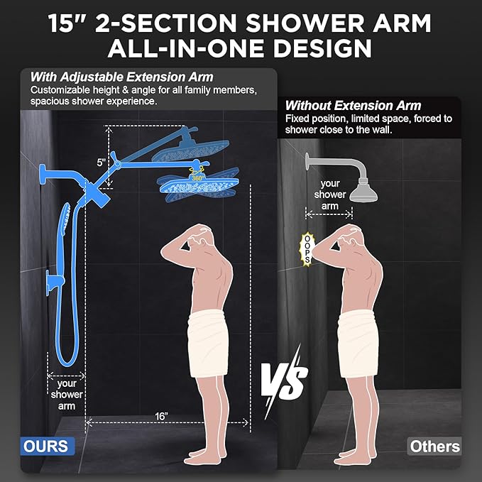 Veken 11.8" Rain Shower Head with Handheld, High Pressure Handheld Shower with Multi Spray Modes, Rainfall Combo with Metal Extension Arm, Detachable Dual Showerhead, Bathroom Decor, Starlight