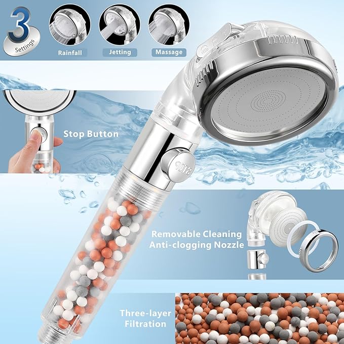 Filtered Shower Head with Handheld Combo, High Pressure Rain Showerhead Filter for Remove Chlorine and Harmful Substances, with Self-adhesive Holder/59" Hose, Chrome