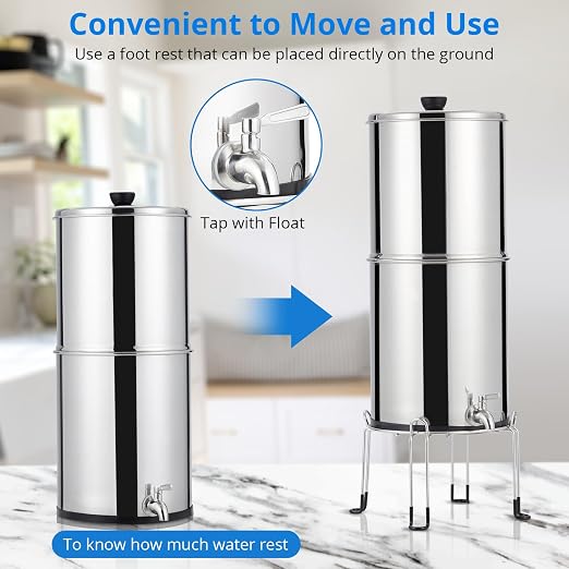 304 Stainless Steel Force Water Filter System – 2.25 Gallon Countertop Purifier – Dual Black Carbon Filters – Medium Version – USA Specification