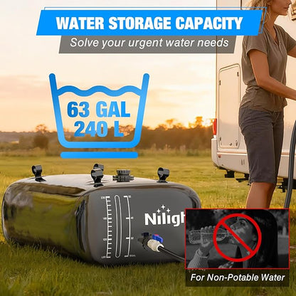 Nilight 63Gal/240L Water Storage Bladder RV Potable Water Bladder Tank Camping 1000D PVC Foldable Collapsible Water Storage Containers for Truck Bed Carrier Garden Irrigation Emergency Water Use Black