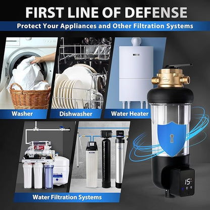 iSpring WSP500ARJ-BP Whole House Water Filter System Prefilter, Auto Flushing Spin Down Sediment Filter for Well Water, Integrated Bypass, 4-Mode Touch-Screen, Reusable, Jumbo Size, 500 Micron