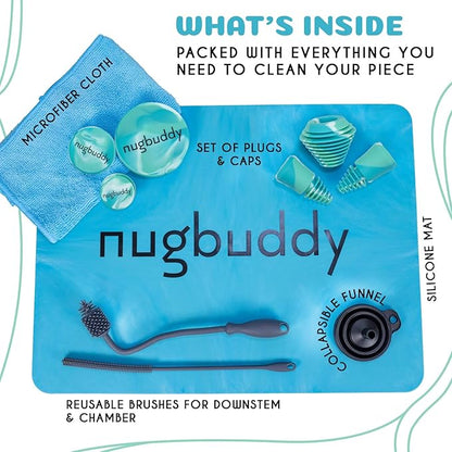 nugbuddy Glass Cleaning Kit - Reusable Silicone Accessories - Complete Kit to Clean your Piece, Just Add Cleaner - Reusable Soaker Bag, Brushes, Mat, Caps & Plugs, Funnel, & Microfiber Towel