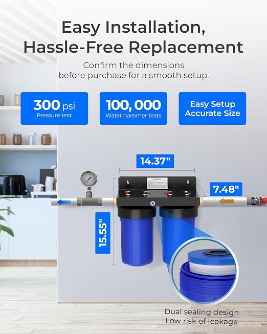 Waterdrop WHF21-PG 2-Stage Whole House Water Filter System, 5 Micron | Highly Reduces Lead, Chlorine, Odor and Taste, 5-Stage Filtration, with Carbon Filter and Sediment Filter, 1" Inlet/Outlet