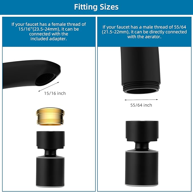 Hibbent NSF/ANSI/CAN 61 Certified Faucet Aerator, CUPC Certification 360° Swivel Kitchen Sink Aerator, 2-Flow Sink Sprayer Attachement, Faucet Replacement Part 55/64 Inch Female Thread - Matte Black
