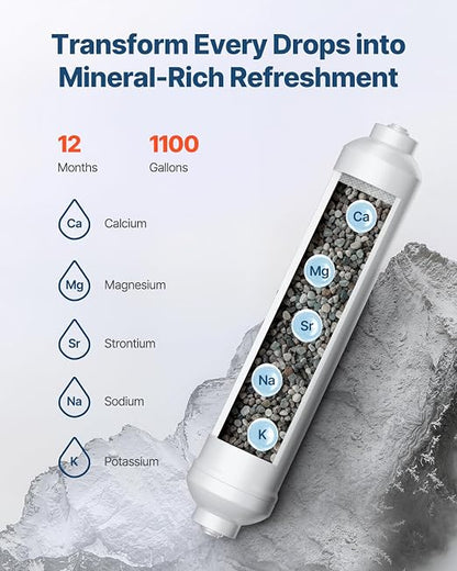 VEVOR Alkaline Water Filter, Universal Remineralization Filter, pH Balance and Restore Essential Minerals, Replace Inline Mineral Filter Fit for Undersink RO System, Water Purifier, 1/4" Quick-Connect
