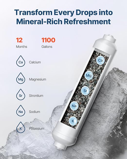 VEVOR Alkaline Water Filter, Universal Remineralization Filter, pH Balance and Restore Essential Minerals, Replace Inline Mineral Filter Fit for Undersink RO System, Water Purifier, 1/4" Quick-Connect