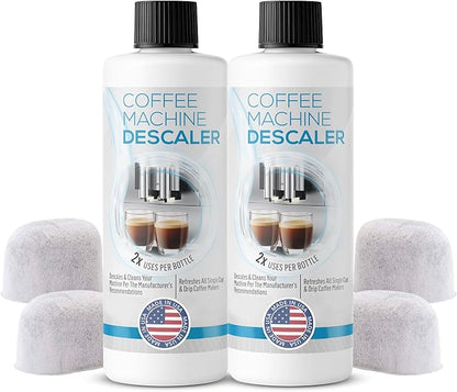 FreshFlow Keurig Compatible Descaling Solution - Descaler Cleaner Concentrate Kit For All 1.0 & 2.0 K-Cup Pod Machines and Espresso Machines - (2 Bottles, 4 Uses Plus 4 Filters)