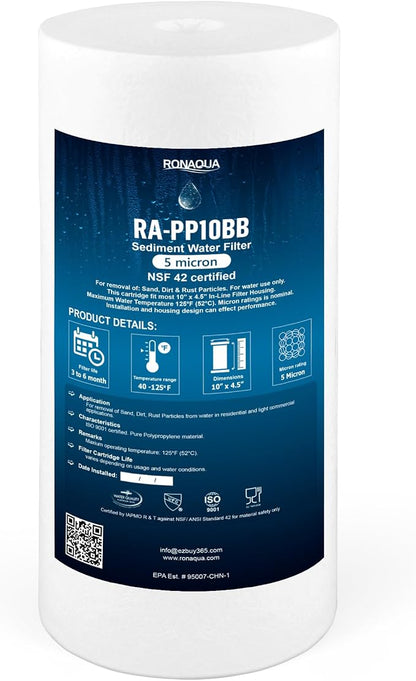 Ronaqua 10" x 4.5" Big Sediment Replacement Water Filter Cartridge, 5 Micron, NSF Certified, for Whole House, Compatible with RFC-BBSA, W15-PR, WFHD13001B, GXWH35F, HF45-10BLBK10PR and AP817