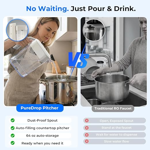 PureDrop PDR-100HRO Tankless Under Sink RO System with Auto-Fill Pitcher | • Fits standard cabinets• 2:1 pure-to-drain• LED filter life indicator• PP+carbon+RO filtration• Auto-fill Removable Pitcher
