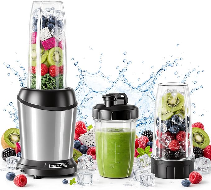 DUMOS Smoothie Blender for Kitchen, Blenders for Smoothies with 17 24 34 oz BPA-Free Portable Easy Go Cups, Small Personal Blender for Shakes, Sauces, Juice and Ice Crushing & More, Silver