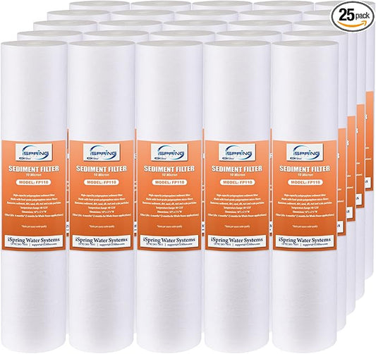 iSpring FP110X25 10" x 2.5" Universal Multi-layer Sediment Water Filter Replacement Cartridges 10 Micron, 25 Pack, White