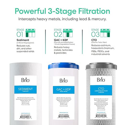 Brio Whole House Water Filter System for Heavy Metal Reduction w/Gauges | 3 Stage Fast-Flow Filtration (Sediment, GAC + KDF, CTO Carbon Block) 4.5" x 10" Filters | Protects Home Appliances | 720 GPH