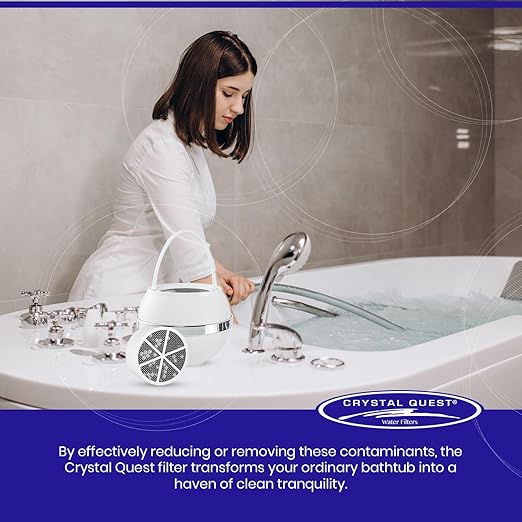 Crystal Quest Bath Ball Filter for Tub Faucet, Bathtub Water Filter, BPA-Free Bathtub Filter, Removes Chlorine, Lead & Impurities, Improves Skin, Hair & Nails, with Extra Cartridge - White