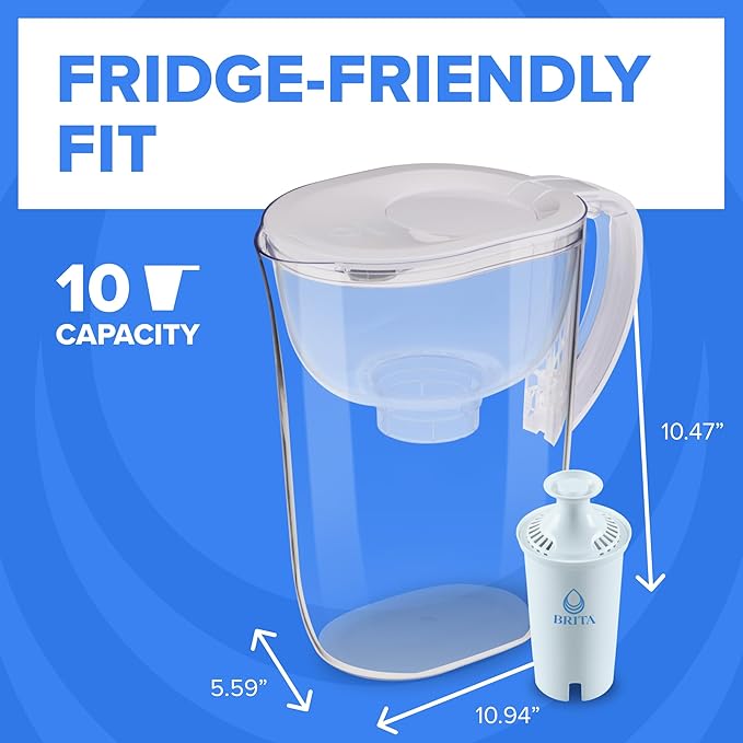 Brita 10 Cup Water Filter Pitcher, Reduces Chlorine, Mercury, Cadmium, Copper and More, Includes 1 Brita Plus Filter, BPA Free, Stone Blue