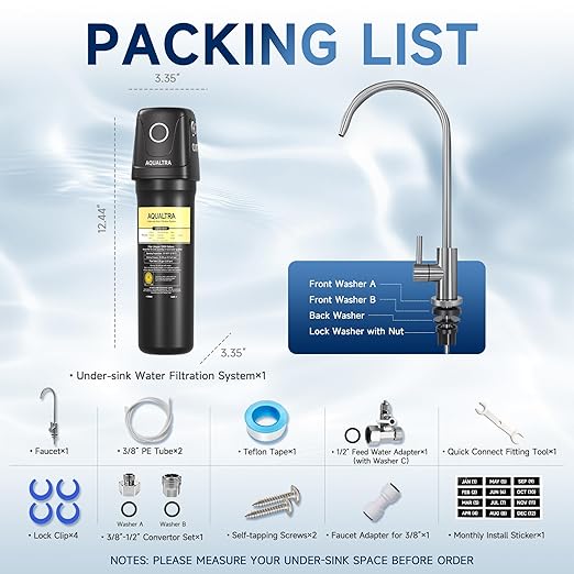 AQUALTRA USF01-BKF Under Sink Filter System, 12K Gal with Faucet, NSF/ANSI/CAN 372 Certified, Reduce PFOA, PFOS, Chlorine, Lead, Mercury, Chloramine, Fluoride, Microplastic Particles, Bad Taste & Odor
