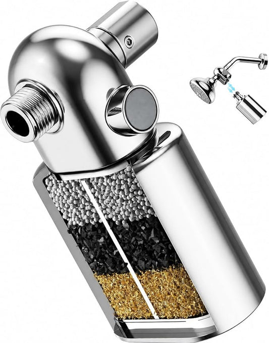 Veken Shower Filter to Reduce Chlorine, KDF Shower Head Filters with Activated Carbon and Calcium Sulfite for Filtered Shower Water, Filtro Para Ducha De Baño, One-Press Replacement, Chrome