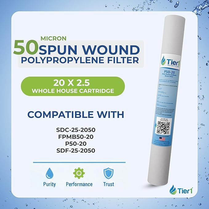 Tier1 50 Micron 20x2.5 Water Filter | Spun Wound Polypropylene Whole House Water Pre-Filter Cartridge | Replacement for Hydronix SDC-25-2050, FPMB50-20 | 2.5 x 20 Sediment Water Filter