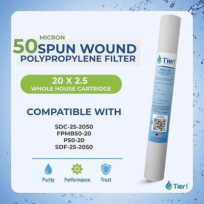 Tier1 50 Micron 20x2.5 Water Filter | Spun Wound Polypropylene Whole House Water Pre-Filter Cartridge | Replacement for Hydronix SDC-25-2050, FPMB50-20 | 2.5 x 20 Sediment Water Filter (2-Pack)