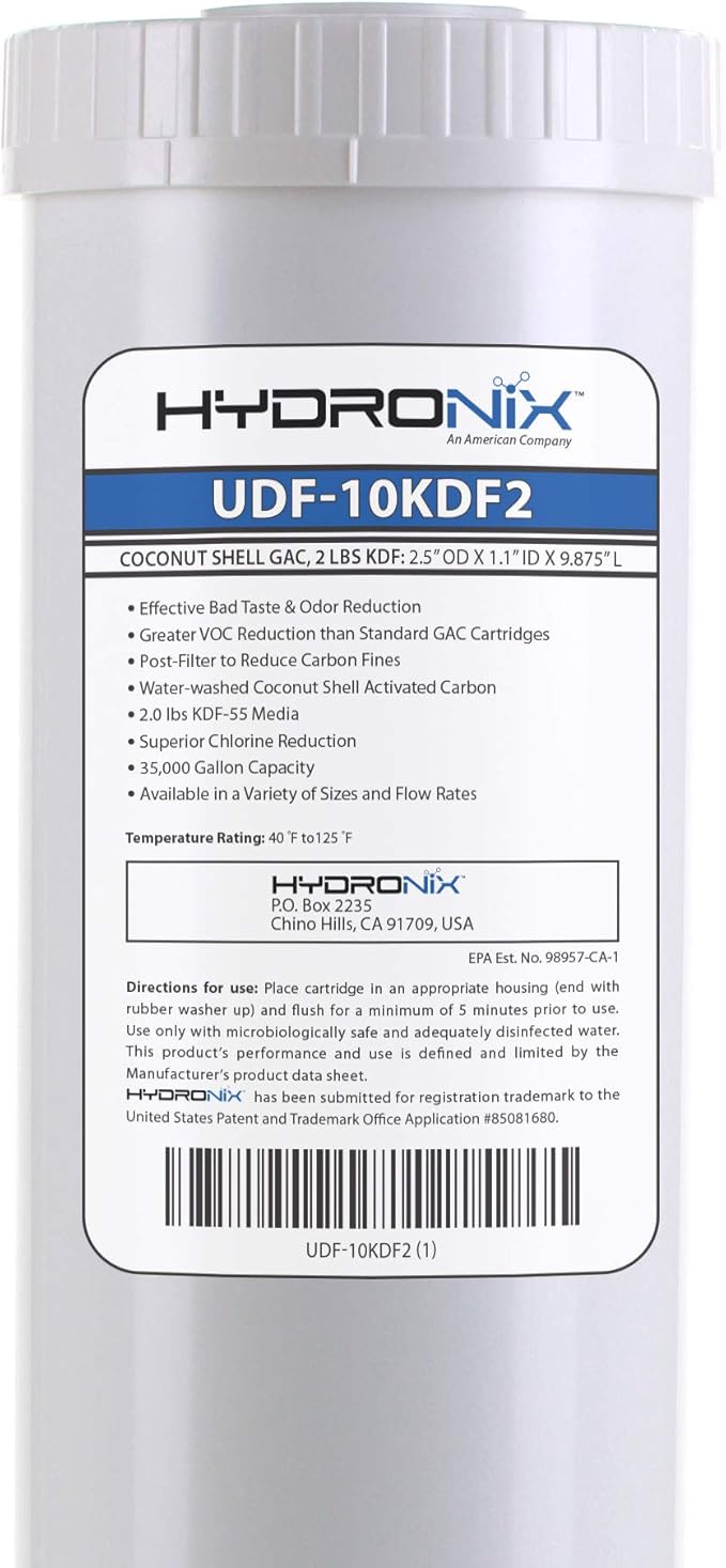 Hydronix UDF-10KDF.5 Chlorine, CTO, Heavy Metals, Bacteria & Scale Reduction Water Filter with 1/2 lb KDF, 2.5" x 10" (2 lbs. KDF Media)