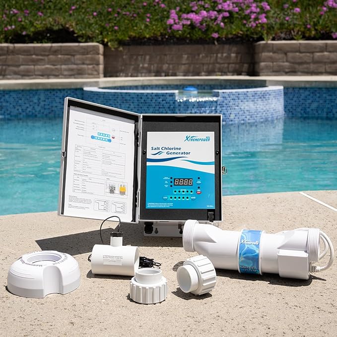 XtremepowerUS Universal 25K Saltwater Chlorinator Complete Water System Up to 25,000 Gallon Flow Switch Salt Cell Bundle Set with Cleaning Stand