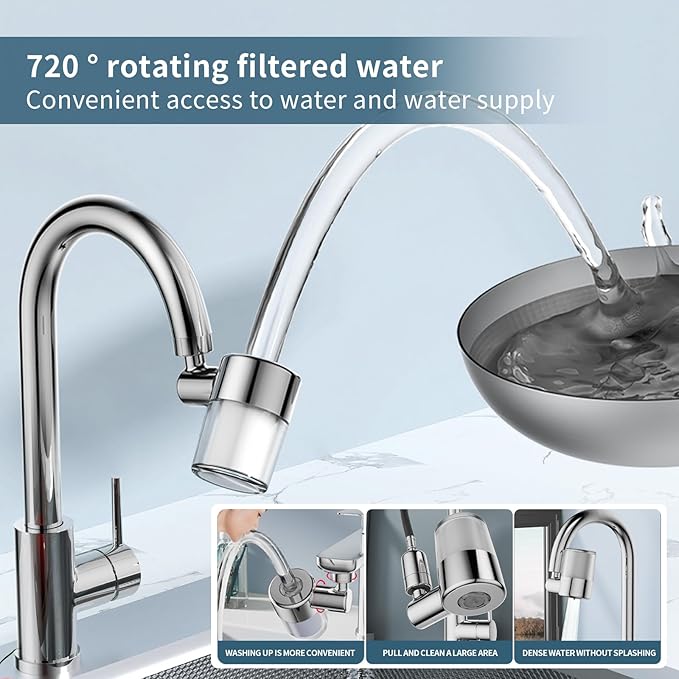 Splash-proof sink faucet extender aerator water filter, 720° rotatable faucet aerator, 2-mode spray, removes chlorine, taste, odor, suitable for kitchen/bathroom, 4 filter replacements