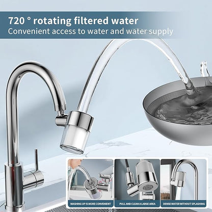 Splash-proof sink faucet extender aerator water filter, 720° rotatable faucet aerator, 2-mode spray, removes chlorine, taste, odor, suitable for kitchen/bathroom, 4 filter replacements