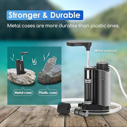 Purewell Stainless Steel Water Filter Pump with Replaceable Carbon 0.01 Micron Water Filter, 3 Filter Stages, Portable Outdoor Emergency and Survival Gear - Camping, Hiking, Backpacking(Black)