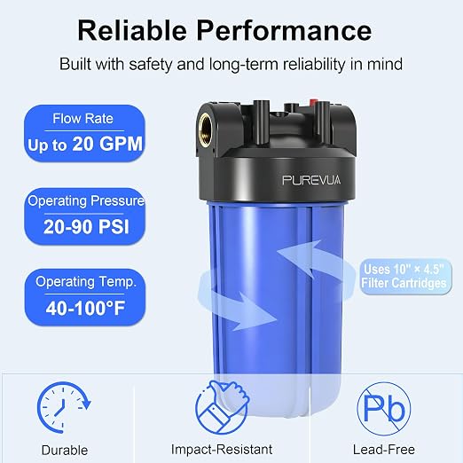 PWB10 Whole House Water Filter Housing, Fits 10” x 4.5” Big Blue Filters, Inline Pre-Filtration System for RV, Home Well and City Water Sediment etc with 1" NPT Port, Pressure Relief Valve