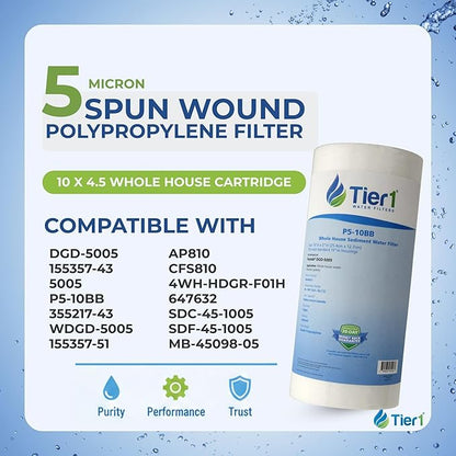 Tier1 5 Micron 10 x 4.5 Water Filter | Spun Wound Polypropylene Whole House Water Filter Cartridge | Replacement for Pentek DGD-5005, WDGD-5005, 155357-43 | 4.5 x 10 Water Filter (16-Pack)