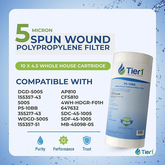 Tier1 5 Micron 10 x 4.5 Water Filter | Spun Wound Polypropylene Whole House Water Filter Cartridge | Replacement for Pentek DGD-5005, WDGD-5005, 155357-43 | 4.5 x 10 Water Filter (12-Pack)