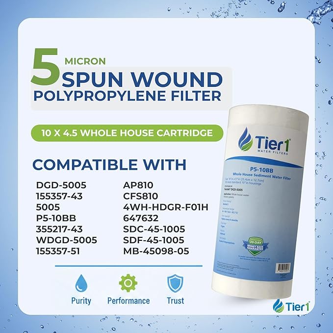 Tier1 5 Micron 10 x 4.5 Water Filter | Spun Wound Polypropylene Whole House Water Filter Cartridge | Replacement for Pentek DGD-5005, WDGD-5005, 155357-43 | 4.5 x 10 Water Filter (4-Pack)