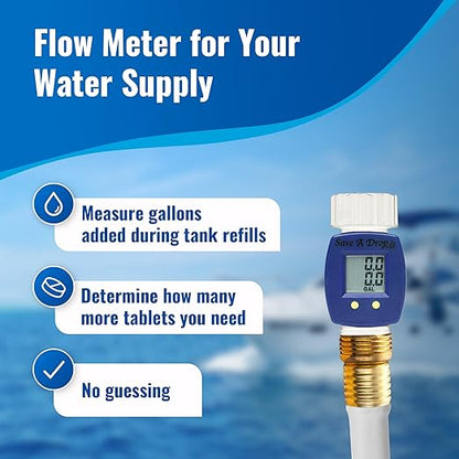 Complete Boat & RV Drinking Water Kit - 100 Aquatabs Water Purification Tablets + 50 Chlorine Test Strips + Water Flow Meter - for Boat & RV Tanks - By Aquamarine Water Solutions