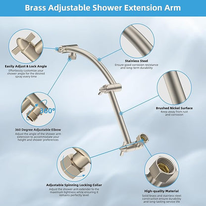 Hibbent All Metal cUPC Certified Rain Shower Head, 10'' High Pressure Rainfall Showerhead with 16" Shower Head Extension Arm, Brass Adjustable Shower Arm Extender, fixed Showerheads, Brushed Nickel