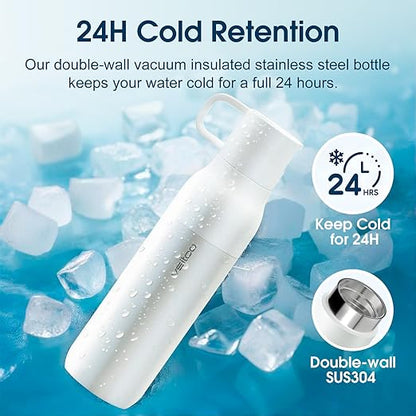 VSITOO 25oz Insulated Stainless Steel Filtered Water Bottle for Travel and Everyday Use ，5-Stage 0.01μm Ultra-strong Filtration，Reusable，Improves Taste，for Hiking, Cycling, Gym & Outdoor Use，White
