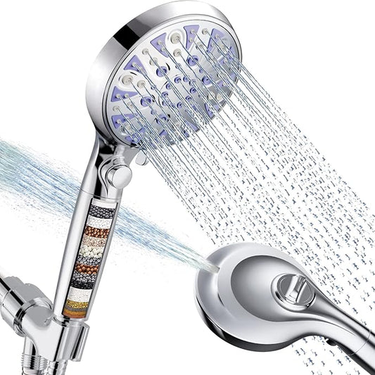 High Pressure 9-mode Filtered Handheld Shower Head with ON/OFF Pause Switch | Detachable Showerhead, 15 Stage Water Softener Filters for Hard Water Remove Chlorine, Meet cUPC and CEC Certification