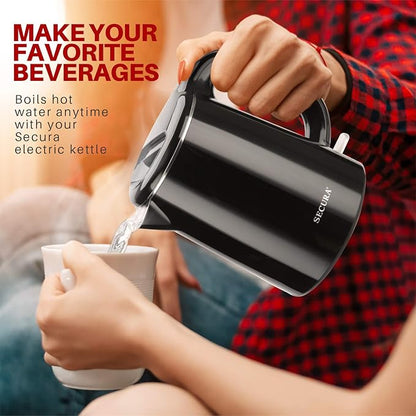 Secura Stainless Steel Double Wall Electric Kettle Water Heater for Tea Coffee w/Auto Shut-Off and Boil-Dry Protection, 1.0L (Black) SWK-1001DB/HB-K012