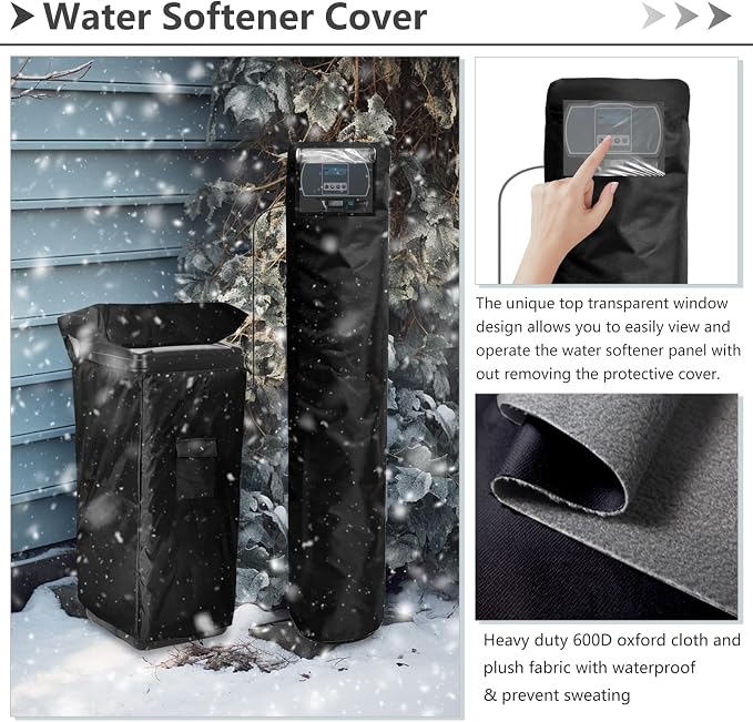 Water Softener Cover,Outdoor Insulated Water Softener Tank Cover with Top Transparent PVC Window + Brine Tank Cover with Split Zipper Opening - Prevent Sweating (Black)