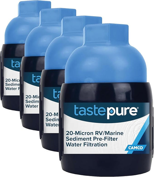 Camco Tastepure Sediment Pre-Filter for RV Water Filter-Features 20-Micron Water Filter System & Provides First Stage of_Water Filtration-Extends the Life of Inline_Water Filters (40048) (Pack of 4)