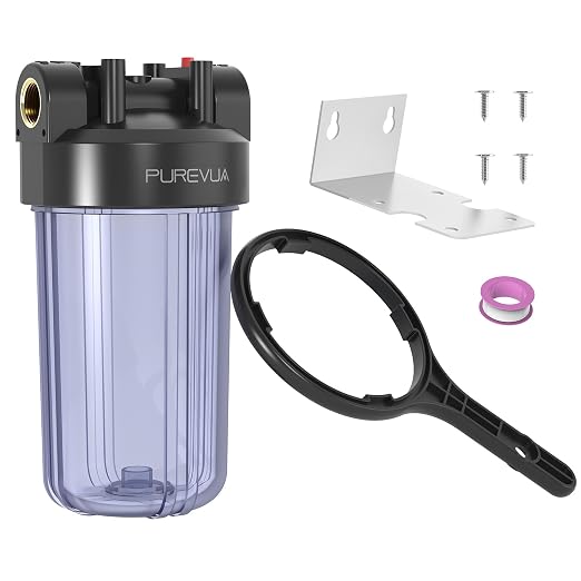 PWT10 Whole House Water Filter Housing, Fits 10” x 4.5” Big Blue Filters, Inline Pre-Filtration System for RV, Home Well and City Water Sediment etc with 1" NPT Port, Pressure Relief Valve