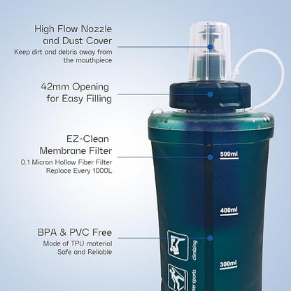 GUYI 1.0L Collapsible Water Filter Bottle, Removes Impurities, BPA Free, Ultralight for Hiking, Camping, Cycling & Travel-Dusty Blue