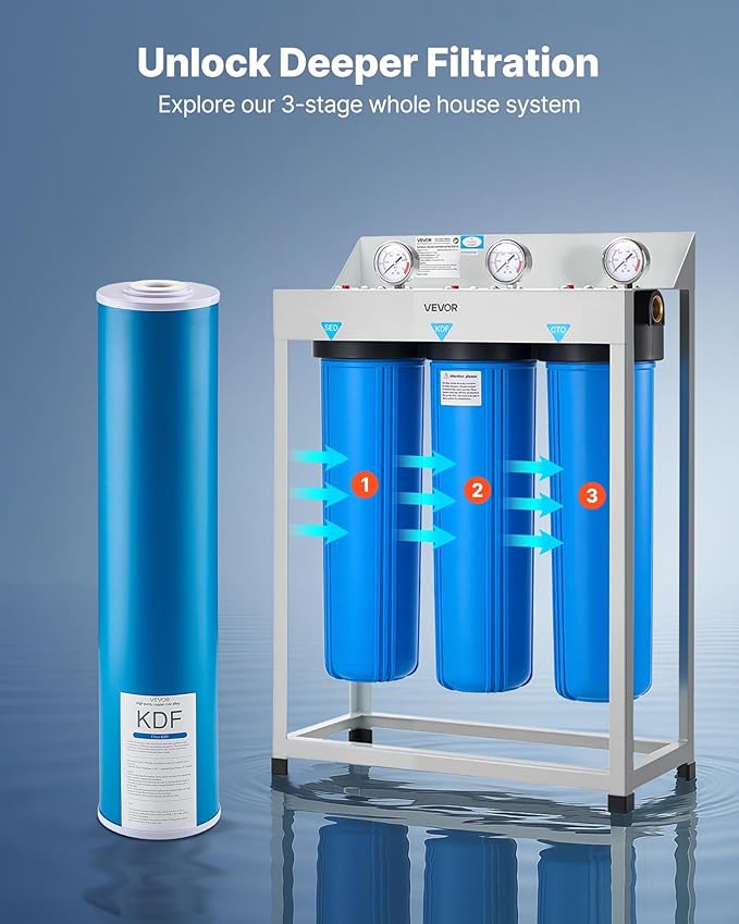 VEVOR KDF Whole House Water Filter, 20 x 4.5 Inch Universal Fit Cartridge, 100,000 Gal Capacity, Coconut Shell GAC + Copper Zinc Alloy, Reduces Heavy Metals, Chlorine, Bad Taste & Odor
