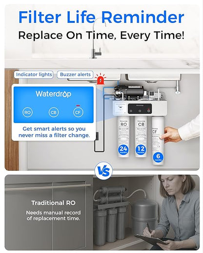 Waterdrop T3-C Reverse Osmosis Water Filter, NSF/ANSI 372 Certified, 8-Stage Under Sink RO Water Filter, 450 GPD Tankless Water Filtration System, 2:1 Pure to Drain, BPA Free, Plug-in Required