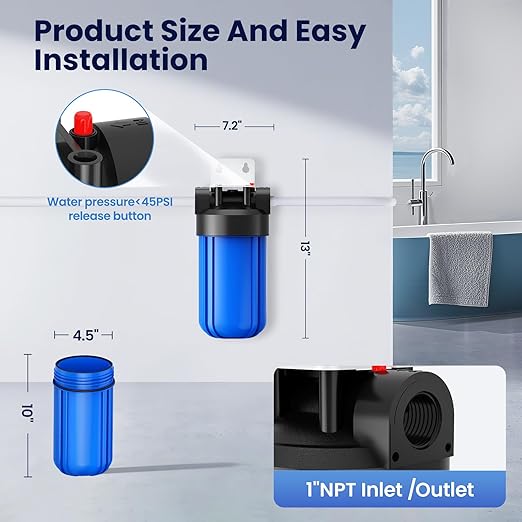 Anti Scale Whole House Water Filter System, Pipeline Prevent Scale Whole House Water 10" x 4.5" Filter, with 80,000 Gallons Capacit, 1" Inlet/Outlet, Reduces Scale Water Filters