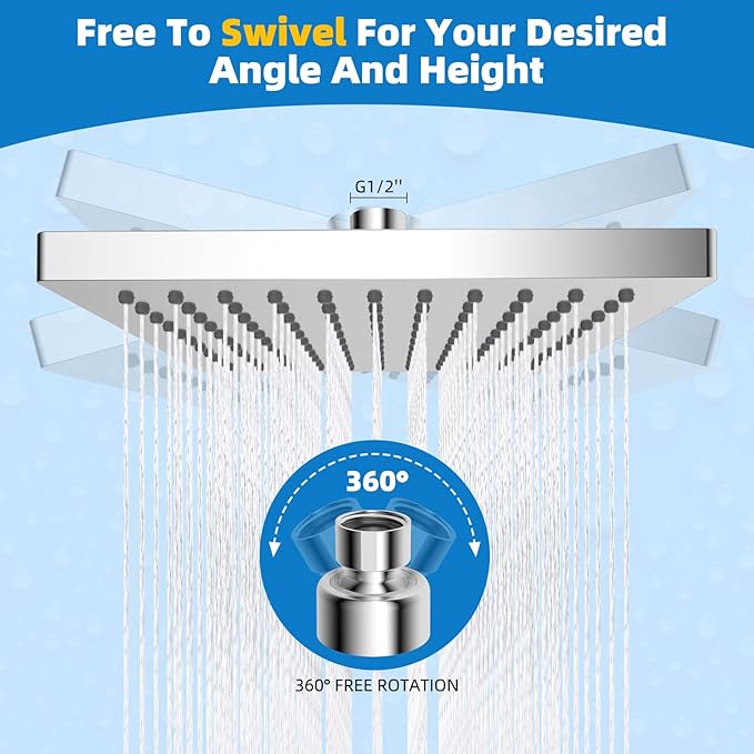 Hibbent cUCPC Certified Thickness Rain Shower Head, 8'' High Pressure Rainfall Shower Head, Square Bathroom Waterfall Shower Heads, High Flow Fixed Showerheads with Adjustable Brass Ball Joint, Chrome