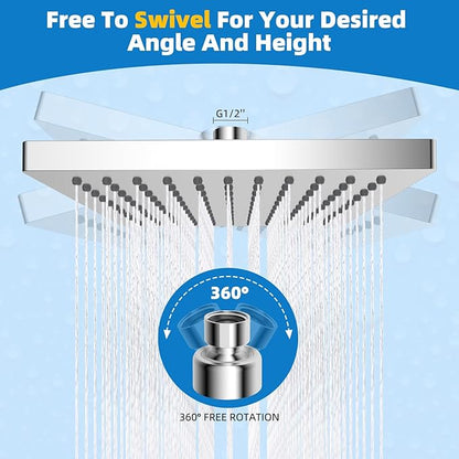 Hibbent cUCPC Certified Thickness Rain Shower Head, 8'' High Pressure Rainfall Shower Head, Square Bathroom Waterfall Shower Heads, High Flow Fixed Showerheads with Adjustable Brass Ball Joint, Chrome