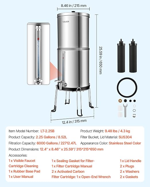 VEVOR Gravity-fed Water Filter System, 2.25G 304 Stainless-Steel Countertop Water Filtration System, Reduces Lead and up to 99% of Chlorine, w/ 2 Carbon Filter, Spigot, Stand