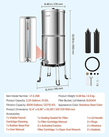 VEVOR Gravity-fed Water Filter System, 2.25G 304 Stainless-Steel Countertop Water Filtration System, Reduces Lead and up to 99% of Chlorine, w/ 2 Carbon Filter, Spigot, Stand