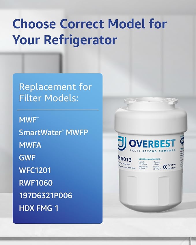 Overbest OB6013 Replacement for GE® MWF®, SmartWater® MWFP, MWFA, GWF, MWFAP, HDX FMG-1, WFC1201, HWF, GSE25GSHECSS, 9991, RWF1060, 197D6321P006