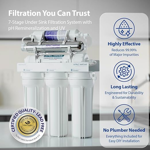 APEC Water WQA Certified 7-Stage Reverse Osmosis Drinking Water Filter System with Alkaline Mineral pH+ Remineralization and UV Water Filter, Ultra Safe Removes 1K+ Impurities, Brushed Nickel, 75 GPD